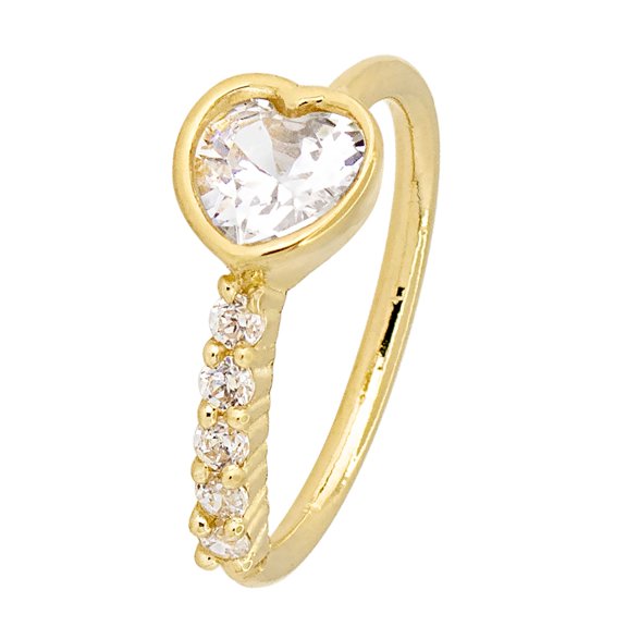 Solid Gold 20G 8mm - 14K Yellow Gold - Heart-Shaped CZ in Bezel Setting with Line of 5 Round CZ