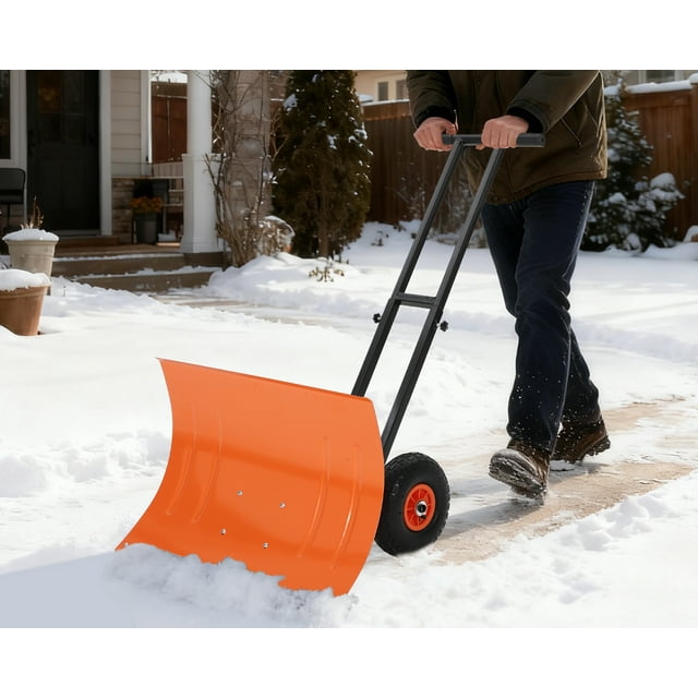 Kojooin Pelle Pousse-Neige de 29 Po avec Roues, Pelle à Neige en Acier Robuste avec Lame et Poignée Inclinées Ajustables
