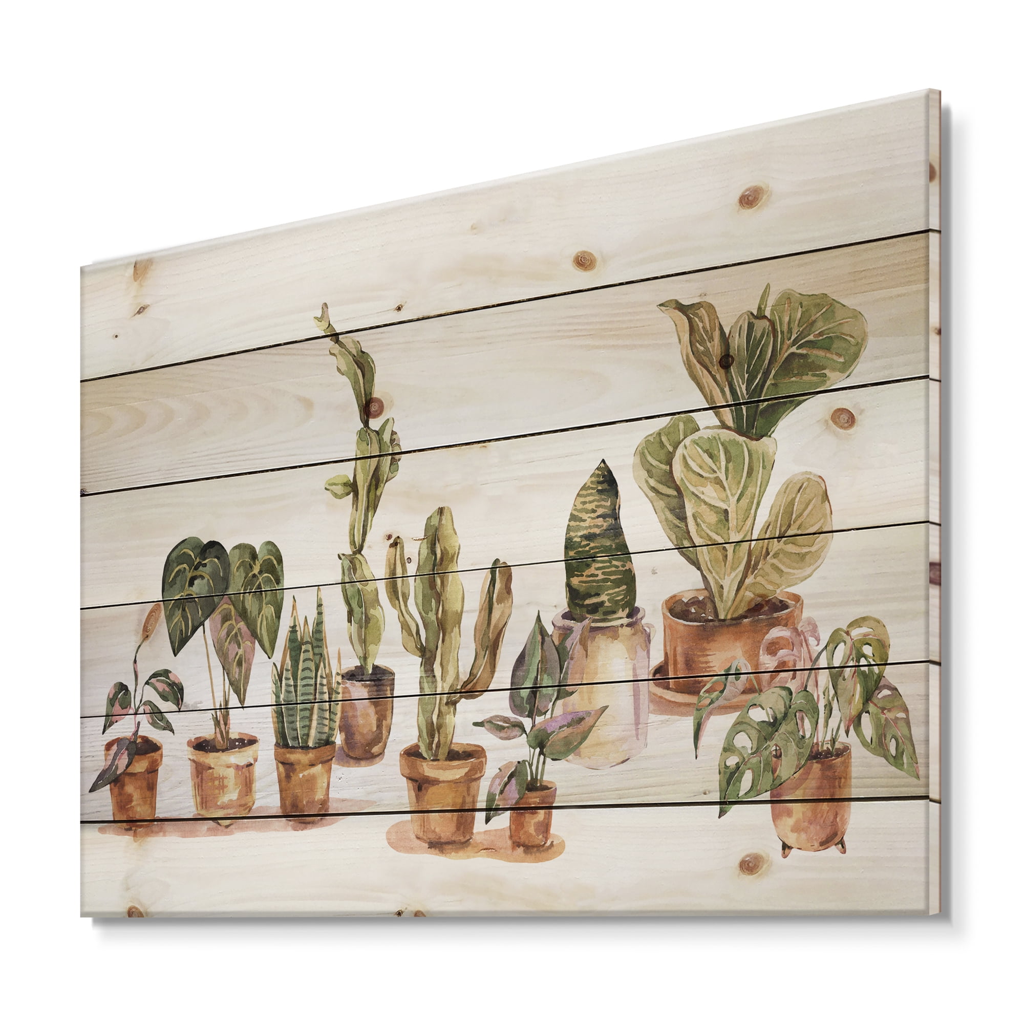 Designart 'Indoor House Plants Urban Jungle in Flowerpots I' Traditional Print on Natural Pine Wood