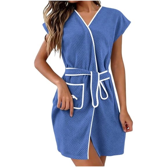 fheaev Plush Robe for Women Above Knee Quick Dry Absorbent Cotton Sleepwear Bathrobe with Pockets Home Wearing Blue,Free Size