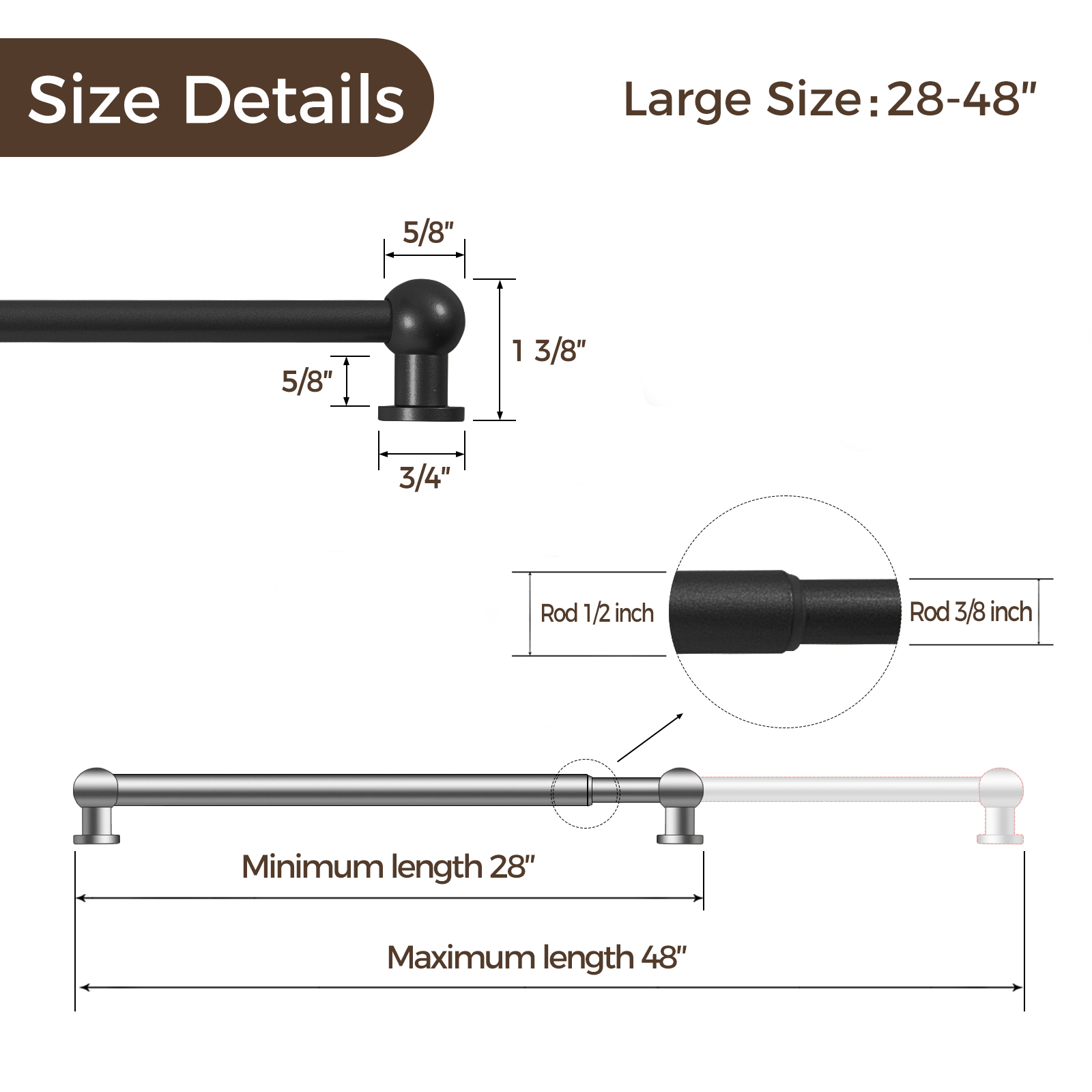 TWOPAGES 28" to 48" Adjustable Black Cafe Curtain Rod with Rings for Kitchen Bedroom French Door