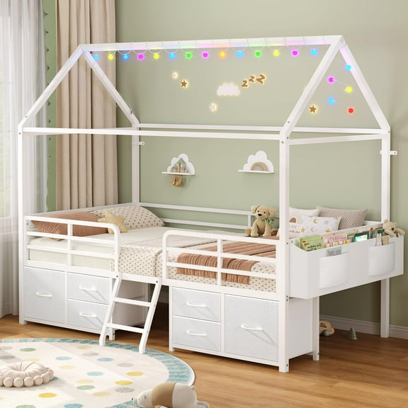 Plonmago Twin Size Metal Bed Frame with 6 Drawers,House Shape Bed with Globe String Lights Plug in,Safety Guardrail & Inclined Ladder,No Box Sping Needed,White Low Loft Bed