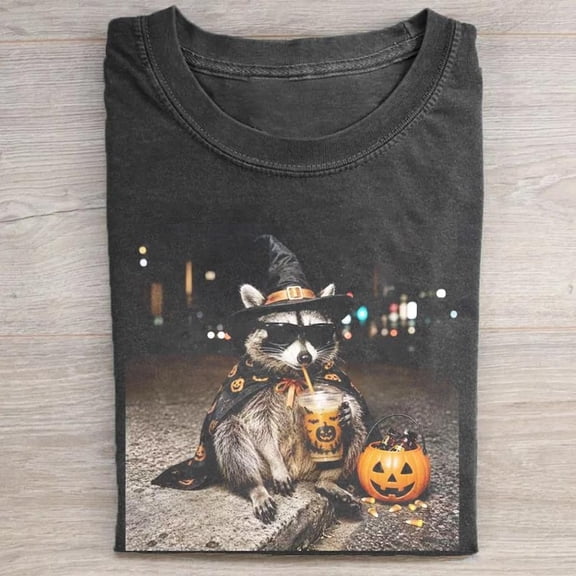 Raccoon Halloween Shirt, Spooky Season Graphic Tee, Halloween Raccoon Drink T-shirt