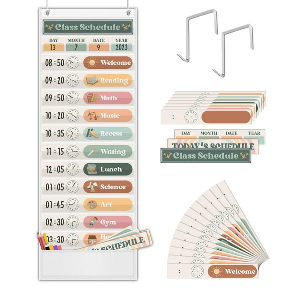 Classroom Schedule Pocket Chart Boho Theme, 24 Cards Including Customizable Blank Cards, Daily Routine Chart for s, Teacher Supplies, White