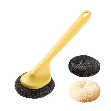 JeashCHAT Kitchen Cleaning Brush with 2 Replacement Dish Scouring Pads Long Handle Dish Brush Pot Brush Scrub Brush for Sink Dishes Pots Pans Cutting Board Stove (Yellow)