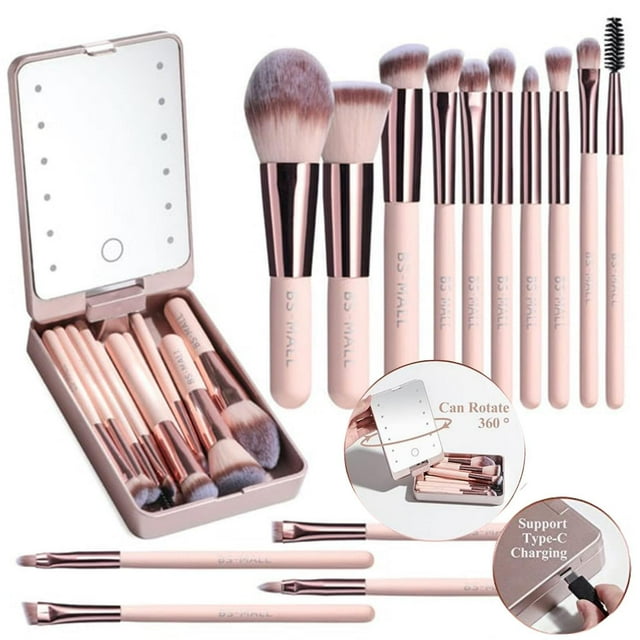 Travel Mirror With Light, Travel Make Up Accessories, Function Cosmetic Brushes Kit Makeup Brush Set For Women White