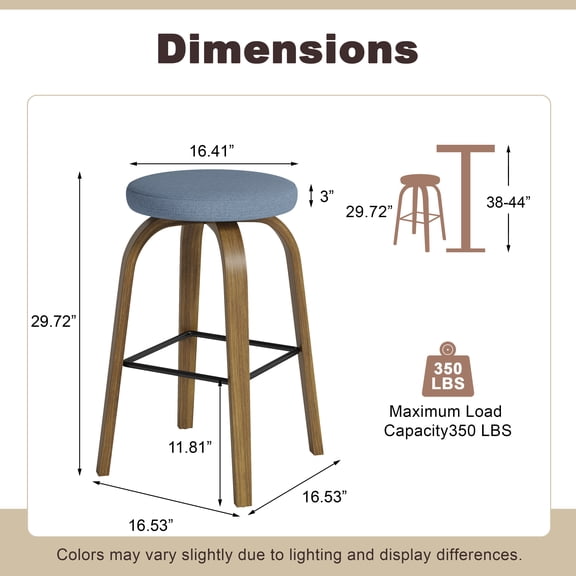 Swivel Bar Stools Set of 2, 30 in Backless Bar Height Stools with Fabric Upholstered Seats, Wood Legs and Metal Footrest, Mid-Century Modern Kitchen Island Stools for Home Bars and Restaurants