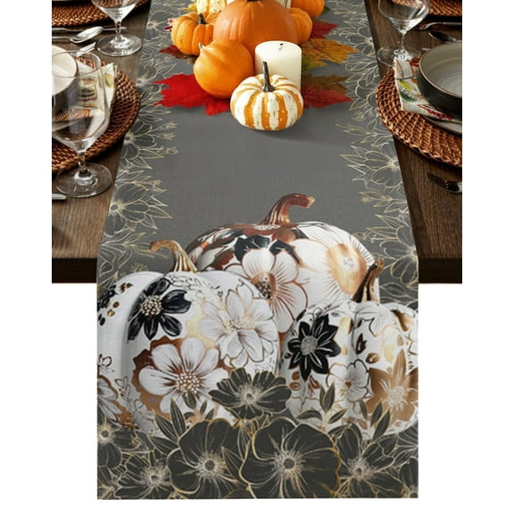 Ldtrchee Thanksgiving Fall Table Runner 72 Inches, Pumpkin Harvest Floral Botanical Grey Bed Runner Dresser Scarves Tabletop for Indoor Outdoor Parties/Ceremony/Banquet, 14" x 72"