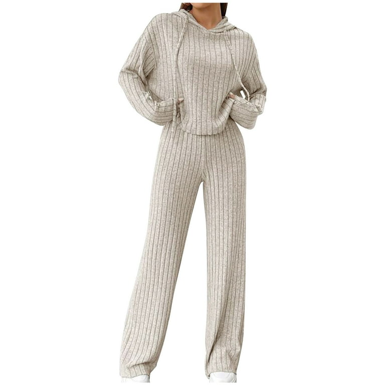 Frostluinai Two Piece Sets for Women Solid Ribbed Knit Lounge Sets