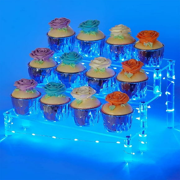 Cupcake Stand 3 Tiers Cake Display Stand with LED Light String Acrylic Cupcake Display Shelf Transparent Dessert Tower Table Top Decoration for Birthday Party Wedding Baby Shower
