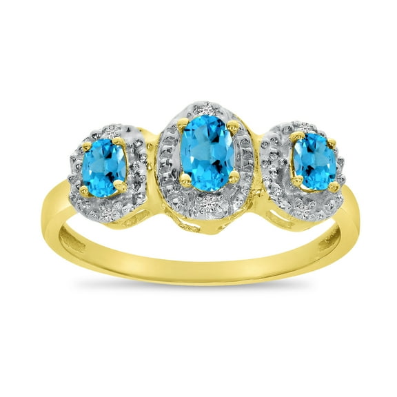 10k Yellow Gold Oval Blue Topaz And Diamond Three Stone Ring