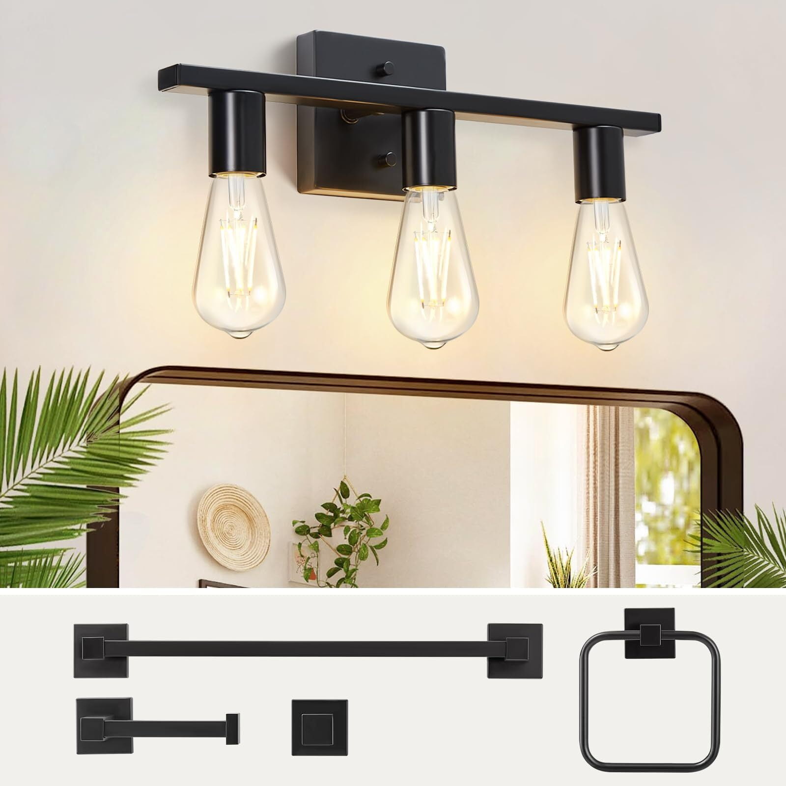 NATYSWAN 5-Piece Bathroom Light Fixtures Accessory Set, 3-Light Black Vanity Light, Modern Wall Light Vanity Lights, Porch Wall Lamp for Mirror Kitchen Living Room Hallway, Bulb Not Included