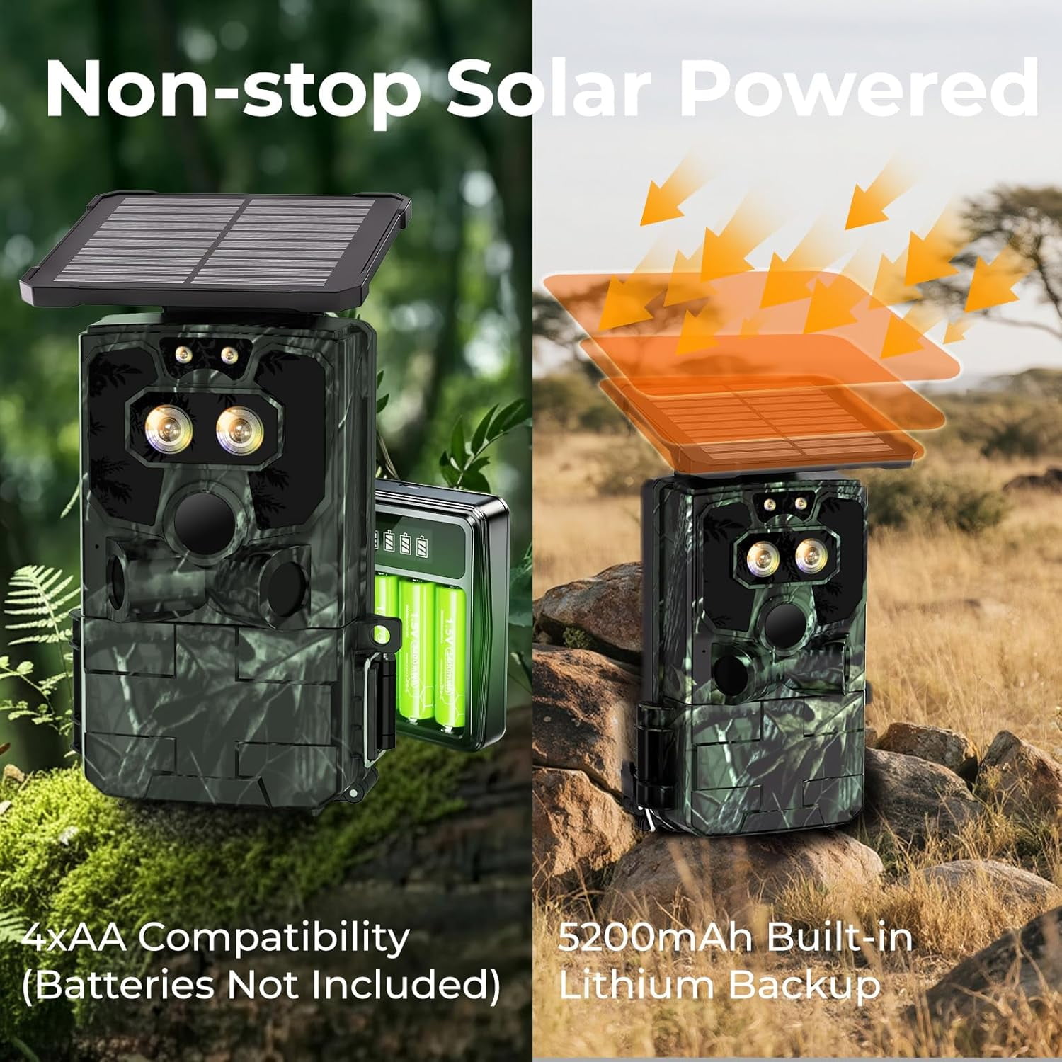 CAMPARK Solar Powered Trail Camera WiFi Bluetooth 60MP 4K UHD Dual Lens  Starlight Night Vision IMX458 Sensors 0.1s Motion Activated  IP66 Waterproof 2.4"LCD Game Hunting Camera with SD Card