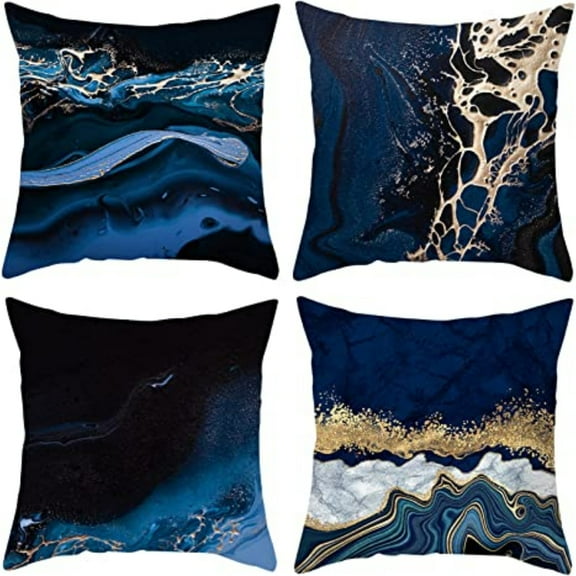 PEACNNG Navy Blue Throw Pillow Covers 45x45 cm Pack of 4 Blue and Gold Decorative Pillow Cases Abstract Marble Cushion Covers for Sofa Couch
