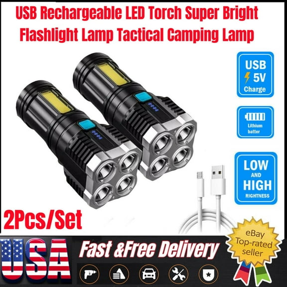 2 Pack LED Super Bright Flashlight Rechargeable Torch Tactical Lamp USB  Battery