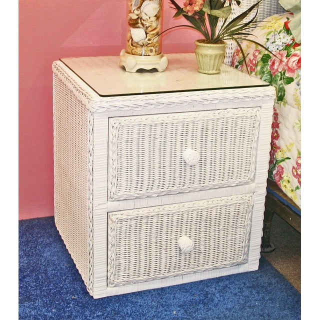 Wicker Night Table 2 Drawers Traditional Style with Glass Top, White
