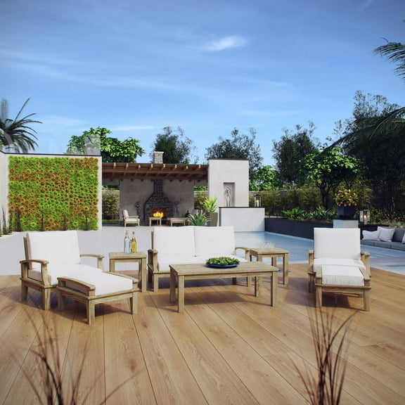 Modway Marina 8 Piece Outdoor Patio Teak Set in Natural White