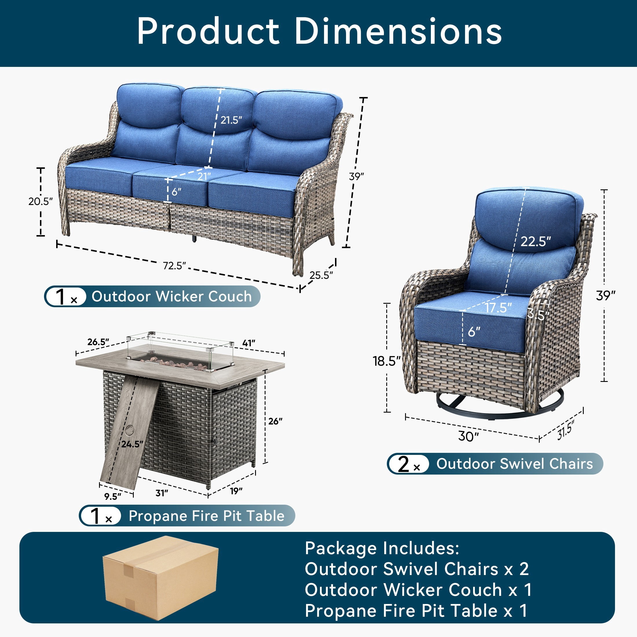Unnifurnzi 4 Pieces Patio Furniture Set with Fire Pit Table-High Back Outdoor Swivel Chairs Set of 2 with Outdoor Wicker Couch Patio Conversation Sets for Deck Porch Poolside-Gray/Blue