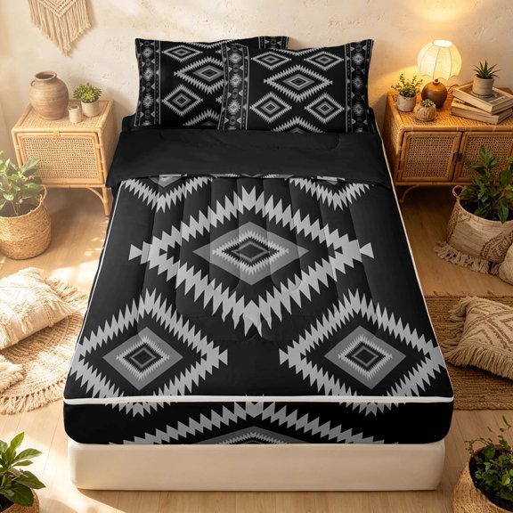 Erosebridal Boho Aztec Zipper Twin Comforter Sets with Fitted Sheet and 2 Pillowcases, Vintage Rhombus Zipper Bedding Set, Black Gray White, Black Reversible