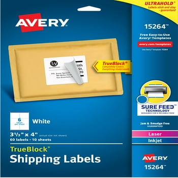 Avery Shipping Labels, White, 3-1/3" x 4", Sure Feed, Laser/Inkjet, 60 Labels (15264)