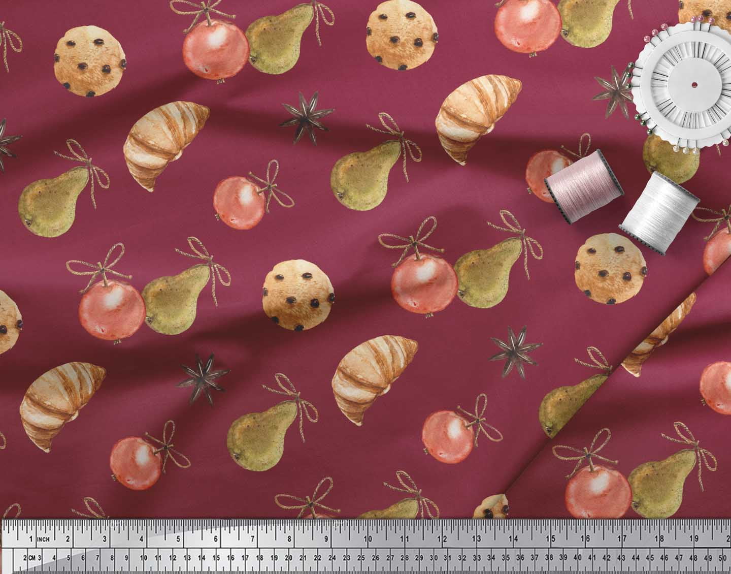 Soimoi Red Rayon Fabric Cookies & Oranament Christmas Printed Fabric 1 Yard 56 Inch Wide