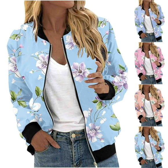 Feancey Womens Trendy Bomber Jacket Lightweight Casual Floral Print Zip up Jackets Coat Outdoor Windproof Moto Jackets Fall Plus Size Outerwear with Pockets Light Blue L