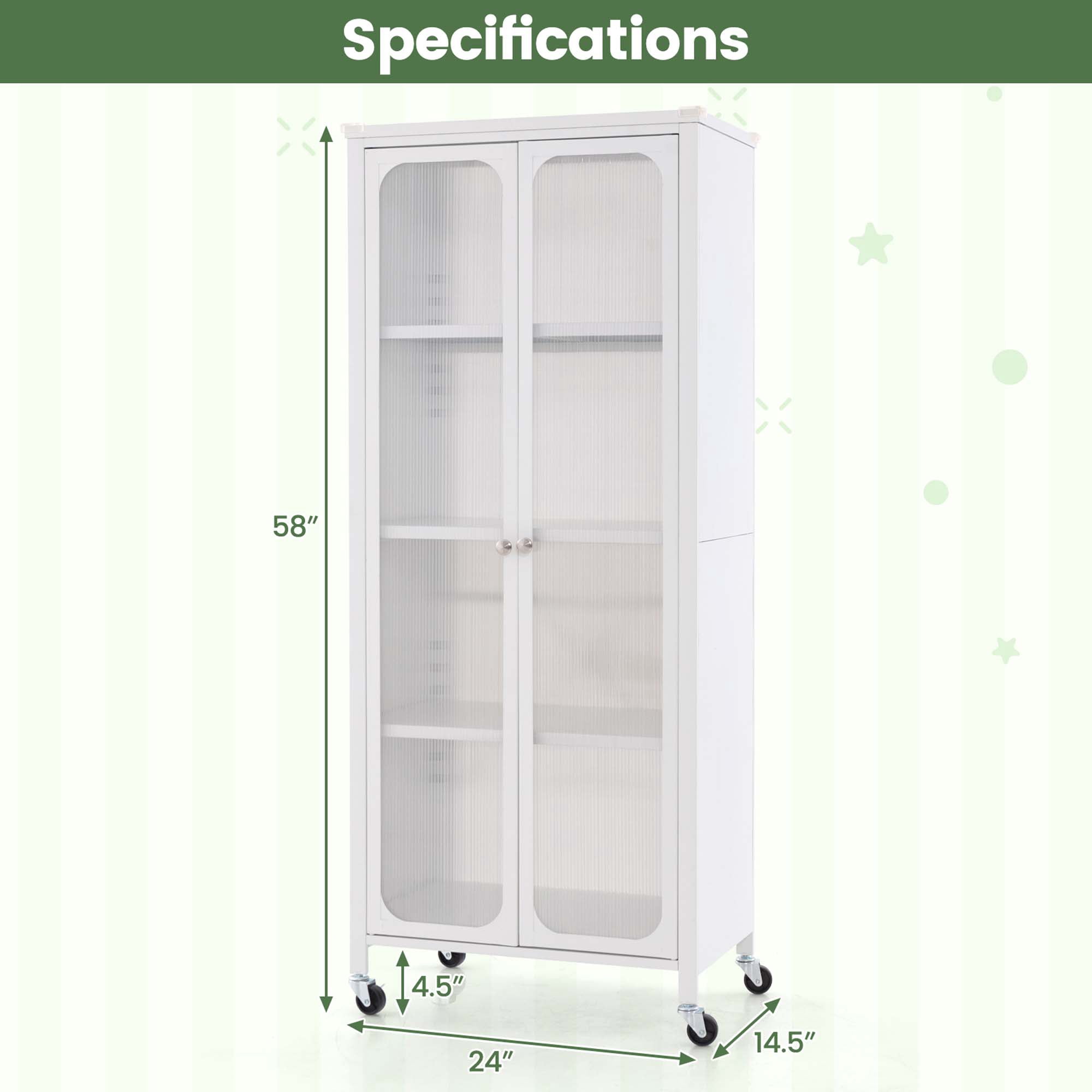 Costway Storage Cabinet with Wheels & 2 Translucent Doors Adjustable Shelves Sideboard 24" x 14.5" x 58"