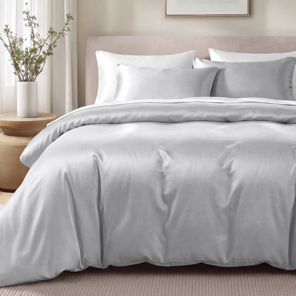 Bare Home Organic Cotton Duvet Cover Set - 400 Thread Count - Sateen Weave - Queen, Light Gray, 3-Pieces
