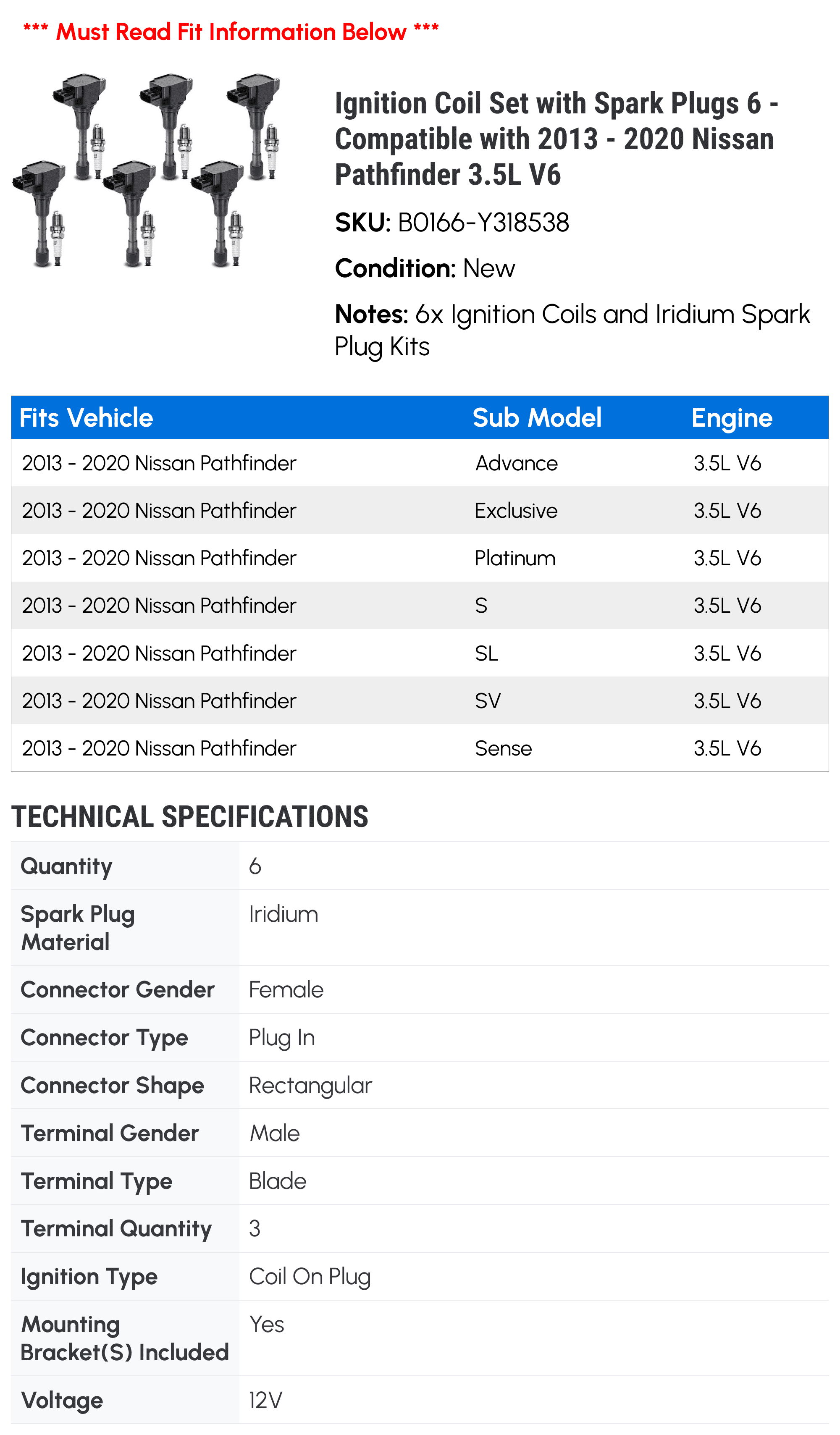 Ignition Coil Set with Spark Plugs 6 - Compatible with 2013 - 2020 Nissan Pathfinder 3.5L V6 - Autopart Premium