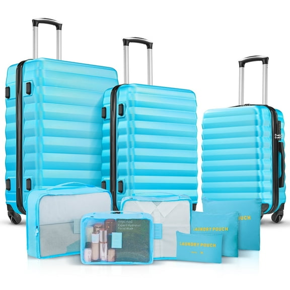 9 Piece Luggage Sets, Hard 20 24 28 inch Luggage with 6 Pieces Organize Bags Travel Suitcases Sets with Wheels,Blue