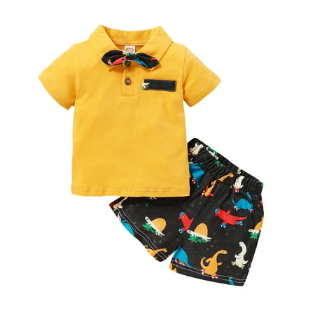 

Kucnuzki 18 Months Baby Boy Summer Outfits Shorts Sets 24 Months Short Sleeve Gentle Stylish Solid Color Cozy Tops Elastic Dinosaur Prints Cozy Shorts 2PCS Set Yellow