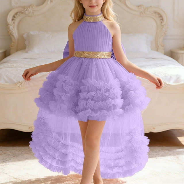 Robe Fille avec Train Robe à Col à Étages pour Concours Récital Performance Adaptée pour un Usage Quotidien au Printemps et en Été pour Filles de 6 Mois à 3 Ans