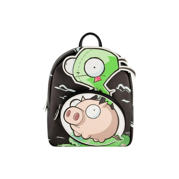 Invader Zim Mini Backpack, GIR and Pig Small Travel Bag for Men and Women, Adjustable Shoulder Straps, Black, 10 Inch