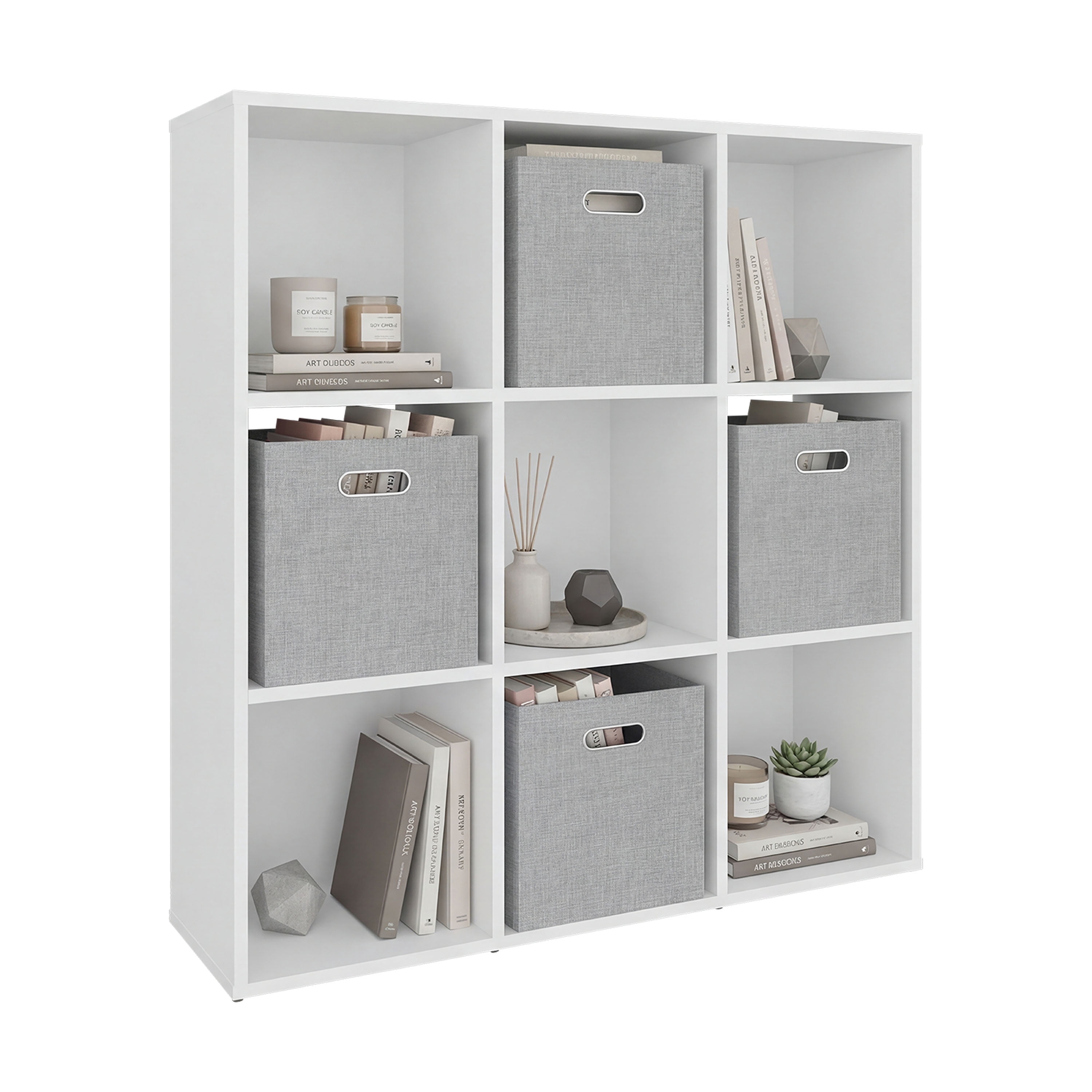 Lena 9-Cube Storage Organizer Bookcase with Display Shelves and 4 Cloth Boxes, for Living Room, Office & Bedroom