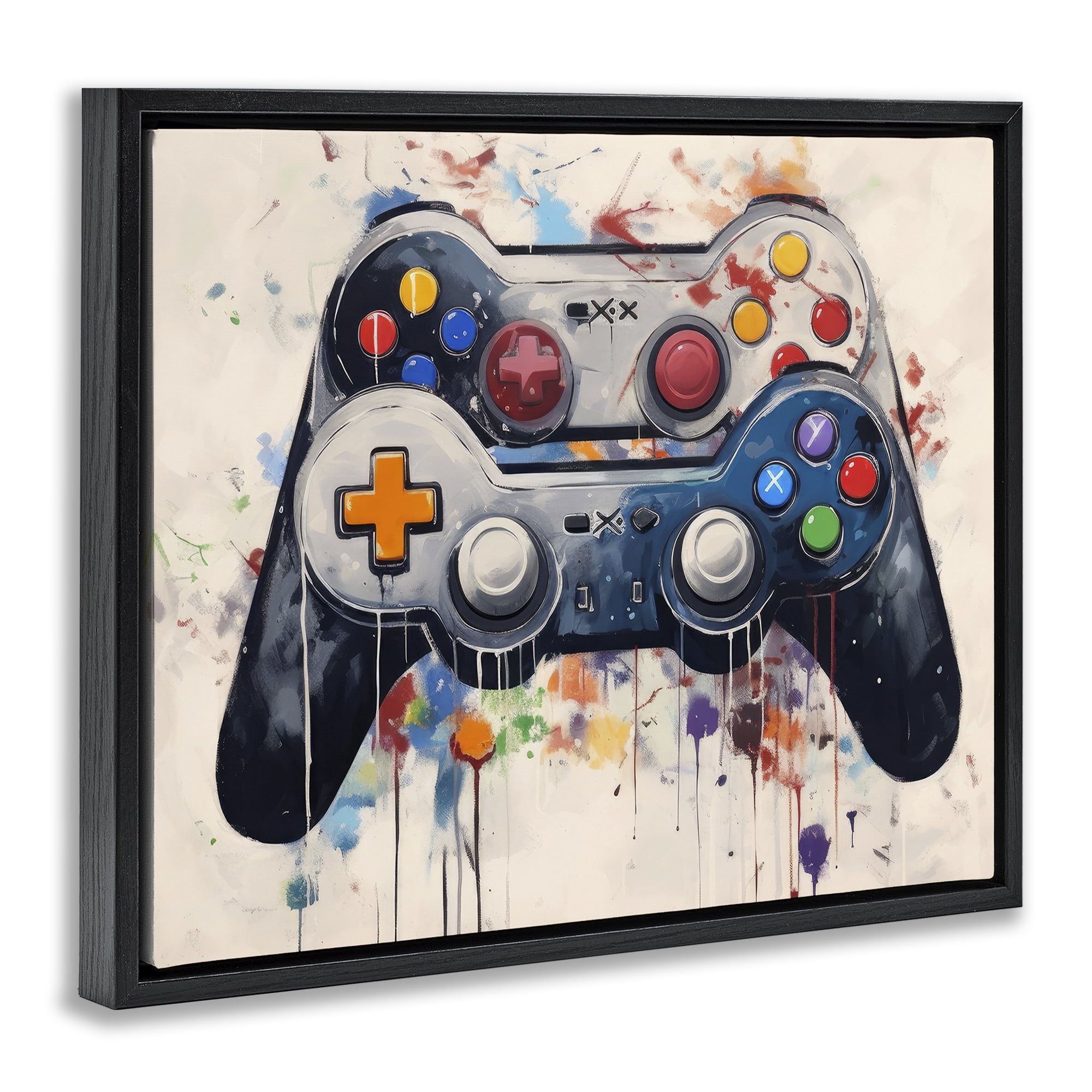 Stupell Industries Joystick Journeys Controller Duo Black Framed Floater Canvas Wall Art, design by Lazar Studio