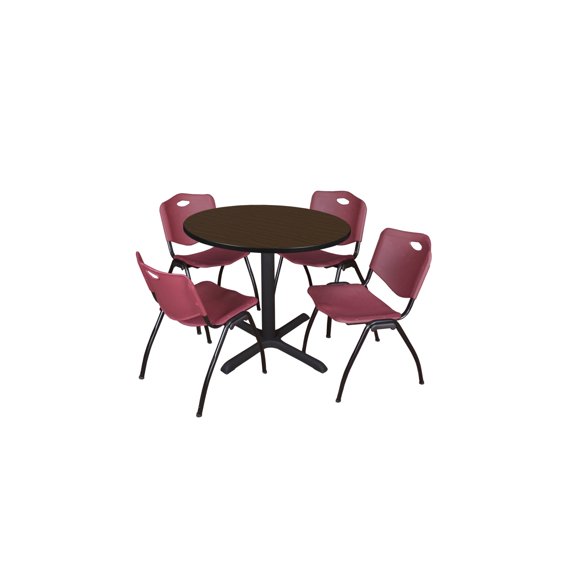 Regency Cain 36 in. Round Breakroom Table- Neo Walnut & 4 M Stack Chairs- Burgundy
