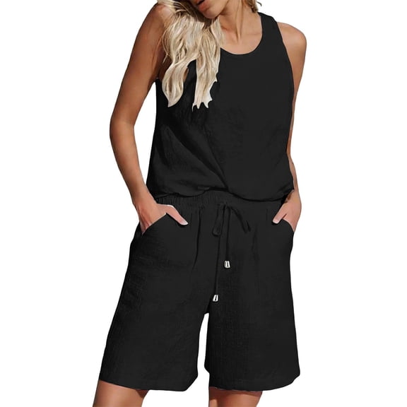 Soyumi Womens Short Sets 2 Piece Vacation Outfits Sleeveless Tank Top and Shorts Matching Set with Pockets, Black