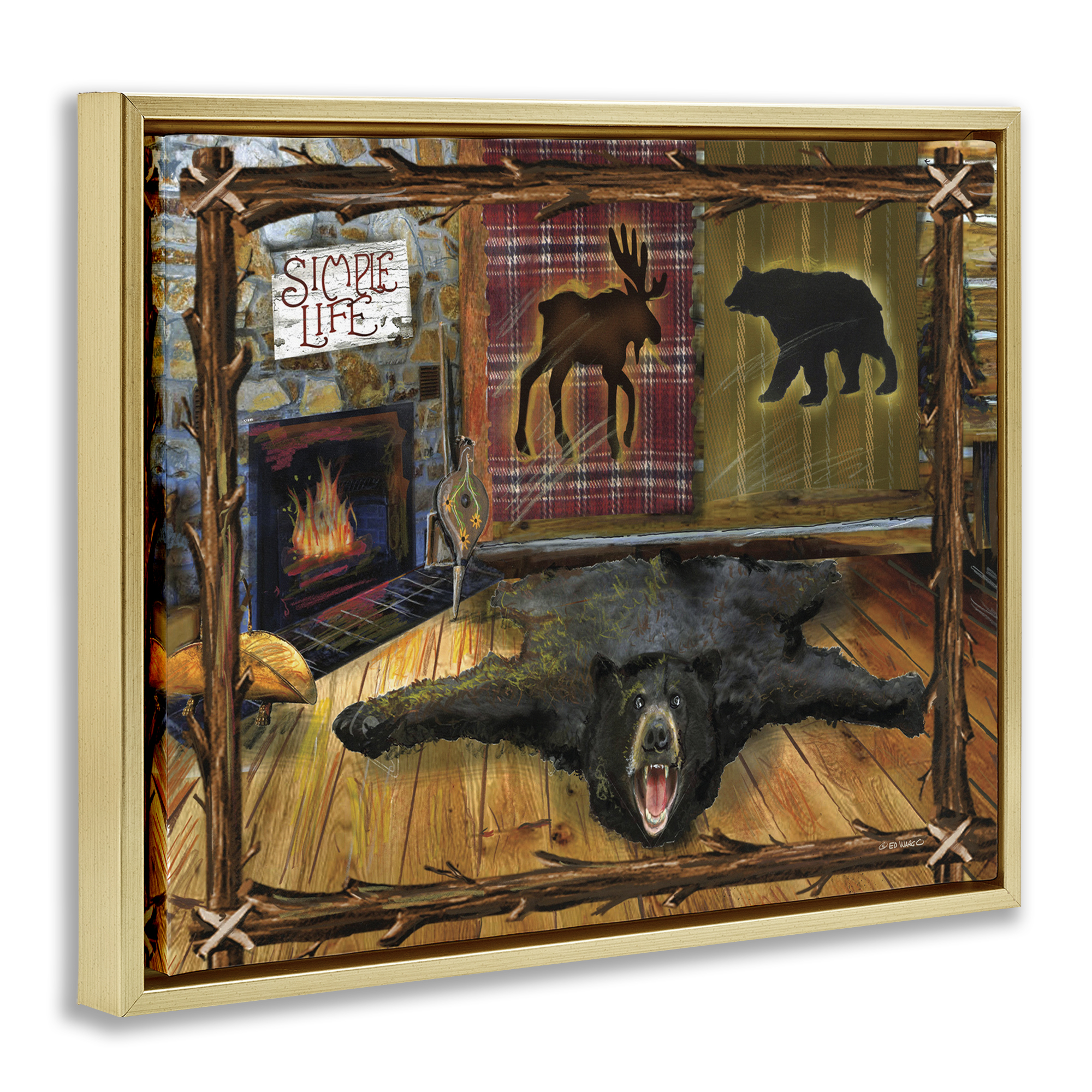 Stupell Industries Rustic Cabin Interior Animals & Insects Painting Gold Floater Framed Art Print Wall Art, 21 x 17