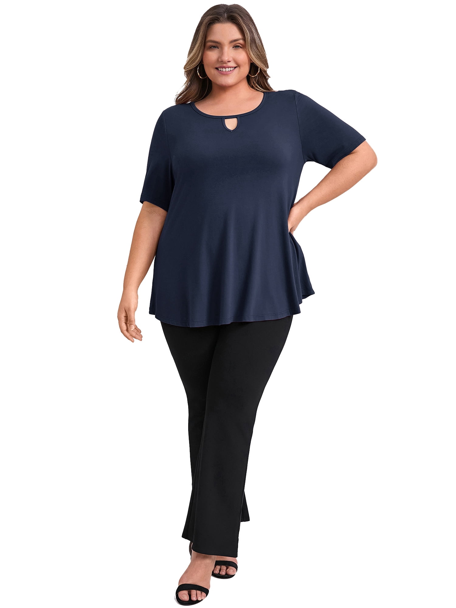 DARING DIVA Women's Plus Knit Keyhole Crew Neck Short Sleeve Blouse 4X Navy Blue