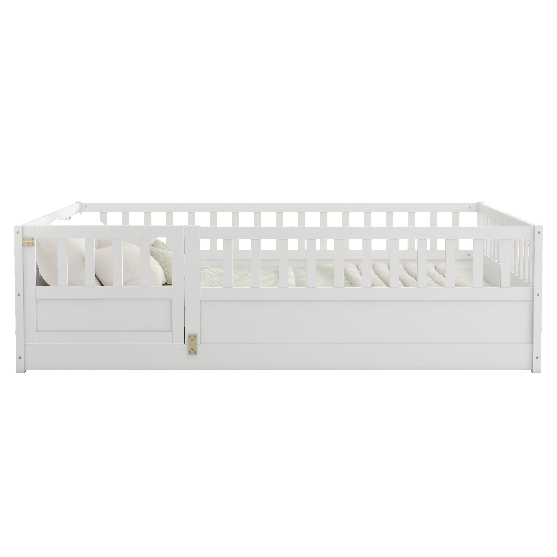 Floor Bed, Low-Profile Bed Frame, Full Size Bed with High Safety Barrier, Door and Support Slats for Stability, Solid Pine Wood Construction, White