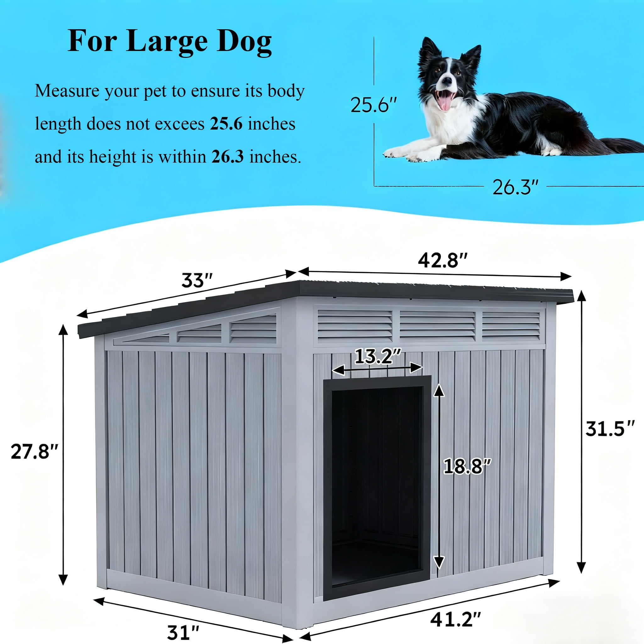 Decksplore Large Dog House (42.9"x33"x32"), Waterproof, HDPE Dog Kennel with Lift-Up Sloping Roof for Courtyard, Living Room, Bedroom (Gray)