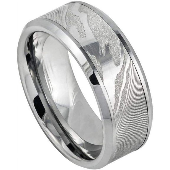 Ring for Men and Women Gifts With Thought Ring Laser Carved Wood Grain Pattern/Mokume Gane Effect High Polished Low Beveled Edge – 9mm Wedding Band Ring Ideal Rings for Couples