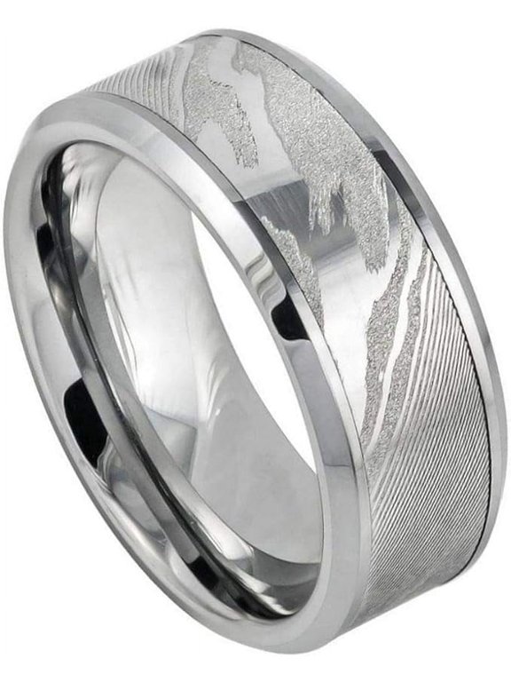Ring for Men and Ladies ipauly inc Ring Laser Carved Wood Grain Pattern/Mokume Gane Effect High Polished Low Beveled Edge 9mm Wedding Band Ring Ideal Rings for Couples