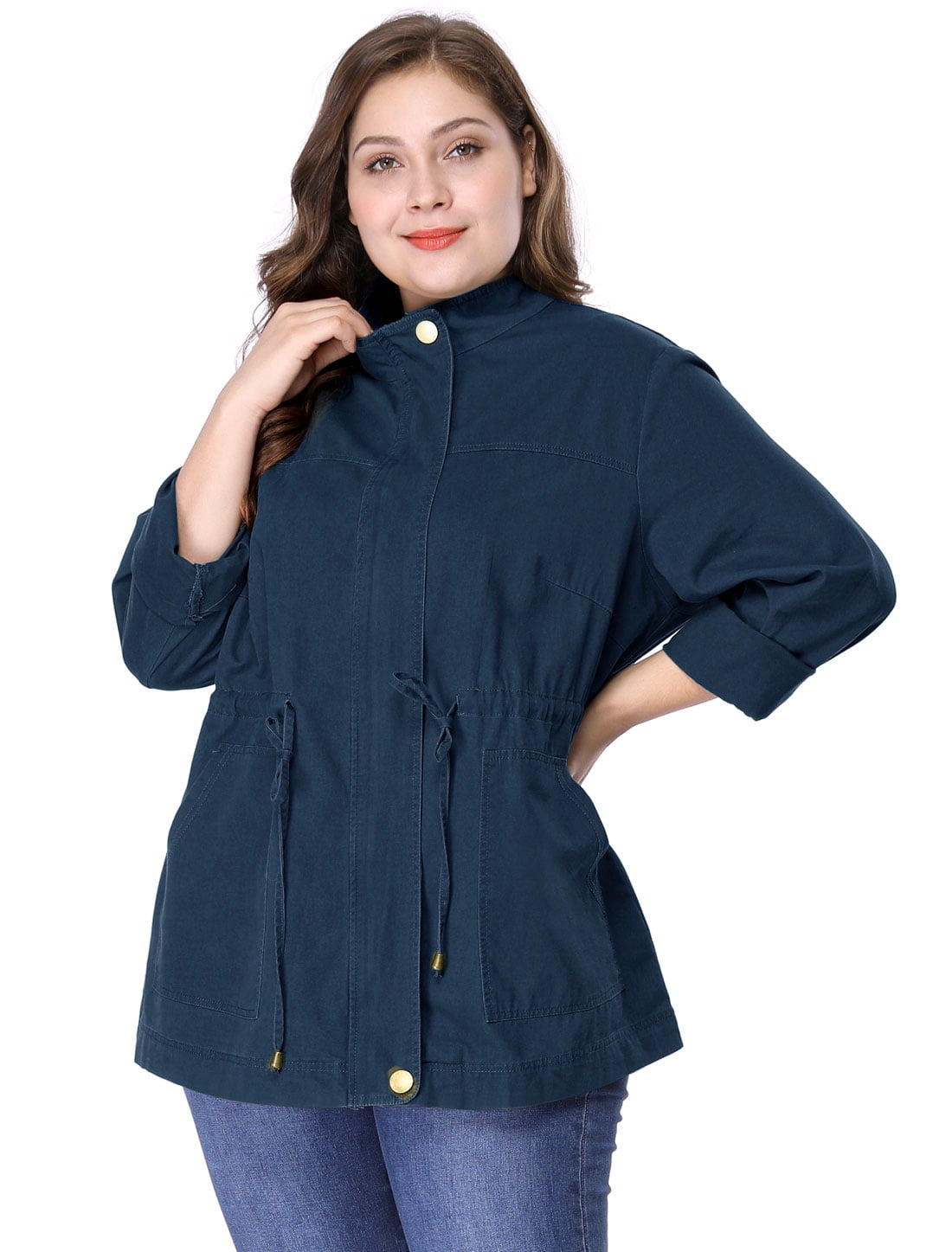 DARING DIVA Women's Plus Size Drawstring Waist Zip-up Utility Jacket 5X Dark Blue