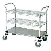 24" Deep x 60" Wide x 39" High 3 Tier Medium Duty Chrome Wire Utility Cart with 2 Wire Shelf & 1 Solid Shelf