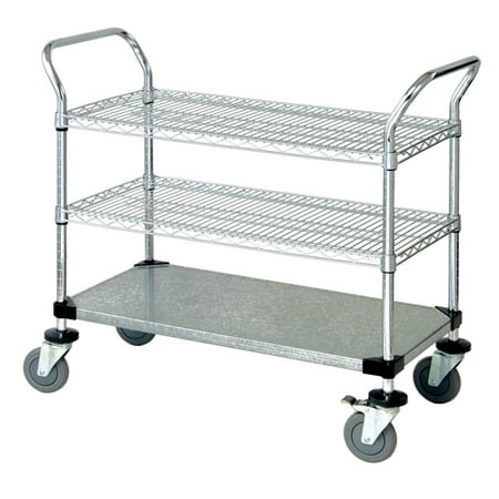 24" Deep x 60" Wide x 39" High 3 Tier Medium Duty Chrome Wire Utility Cart with 2 Wire Shelf & 1 Solid Shelf