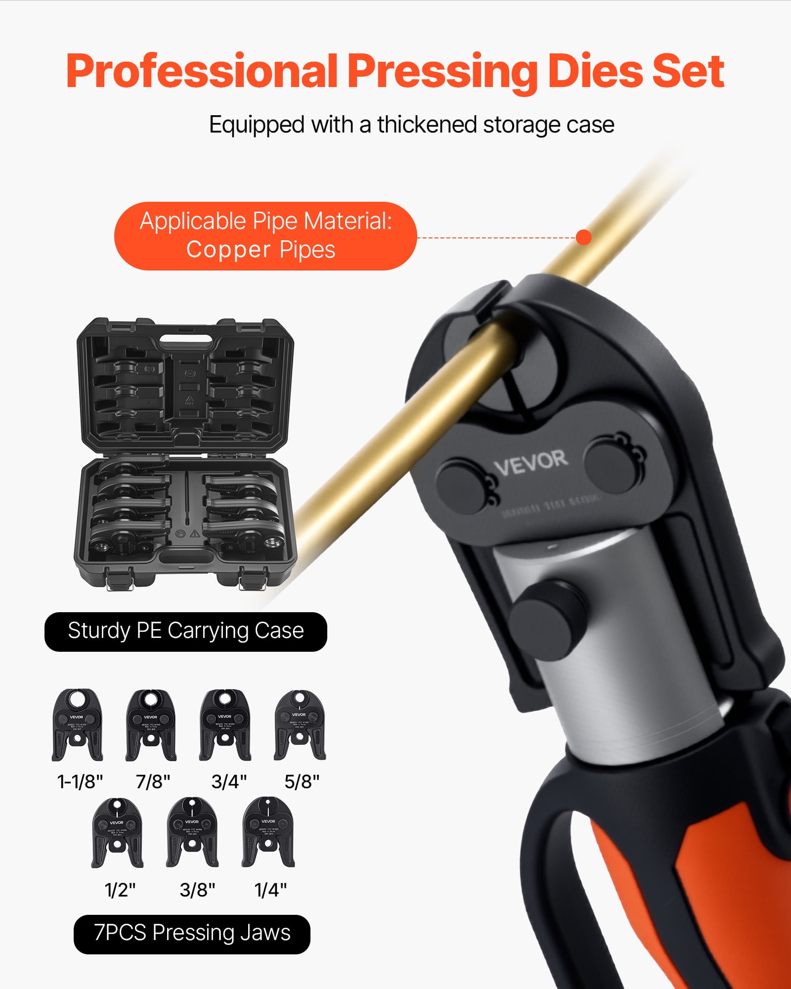 VEVOR 7PCS Pressing Jaws 1/4" to 1-1/8" for RLS Copper Pipes, Compatible with Standard Press Tools, Suitable for High Pressure HVAC/R Applications - with Case