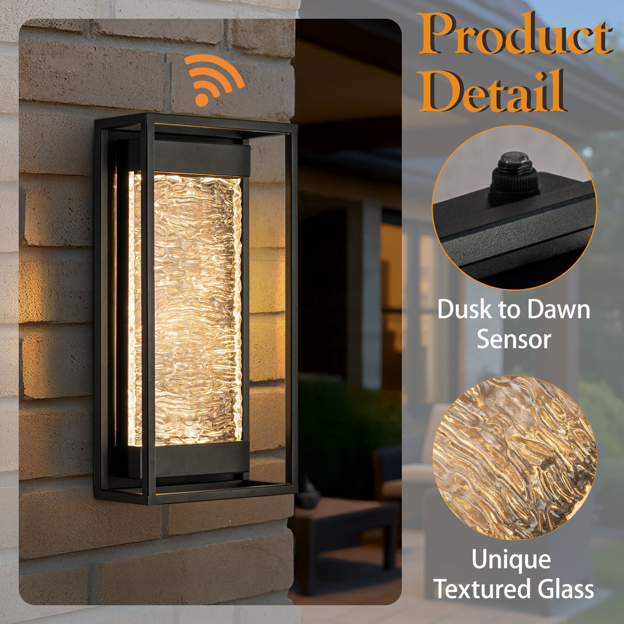 H15" Modern Outdoor Integrated LED Wall Light with Dusk to Dawn Sensor Matte Black Exterior Light Fixture with Handcrafted Textured Glass Wall Lantern for Porch Garage Entryway