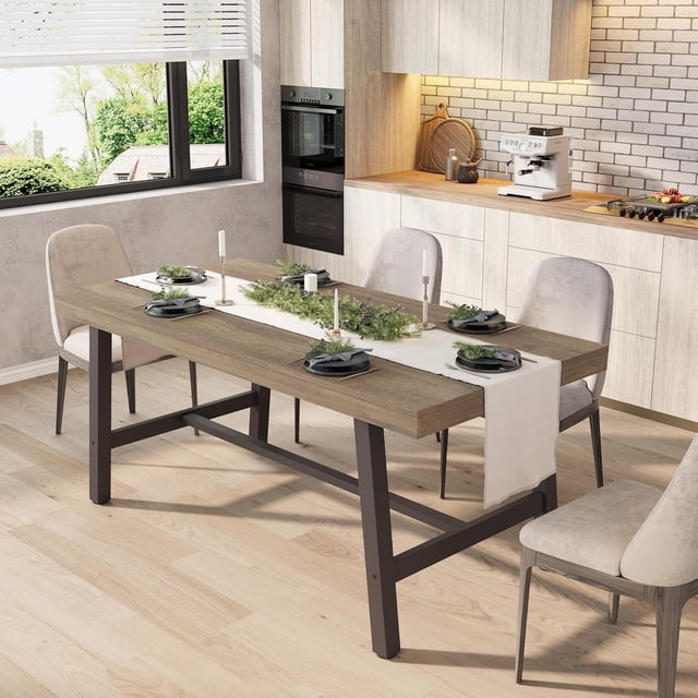 Industrial Dining Table for 4-6 People, 63" Long Wooden Kitchen Table with Sturdy Metal Frame & Rustic Pear Finish, Seats 4 Rectangular Counter for Dinner, Kitchen, Dining Room-Rustic Pear