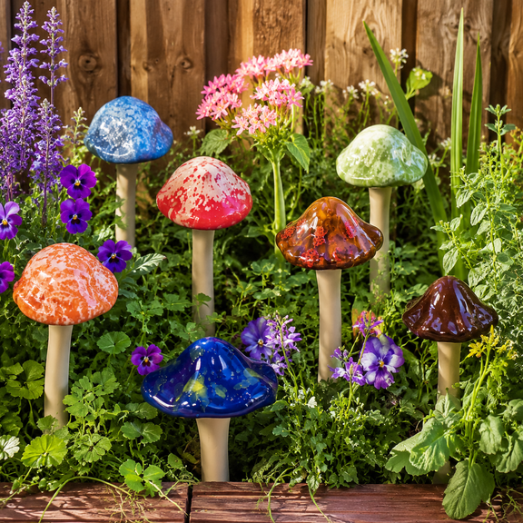 8 Pcs Multicolor Ceramic Mushroom Garden Decorations, Hand Painted Mushroom Plant Stakes, Waterproof Weather Resistant Fairy Garden Ornaments for Summer Yard Landscape, Outdoor Lawn, Courtyard